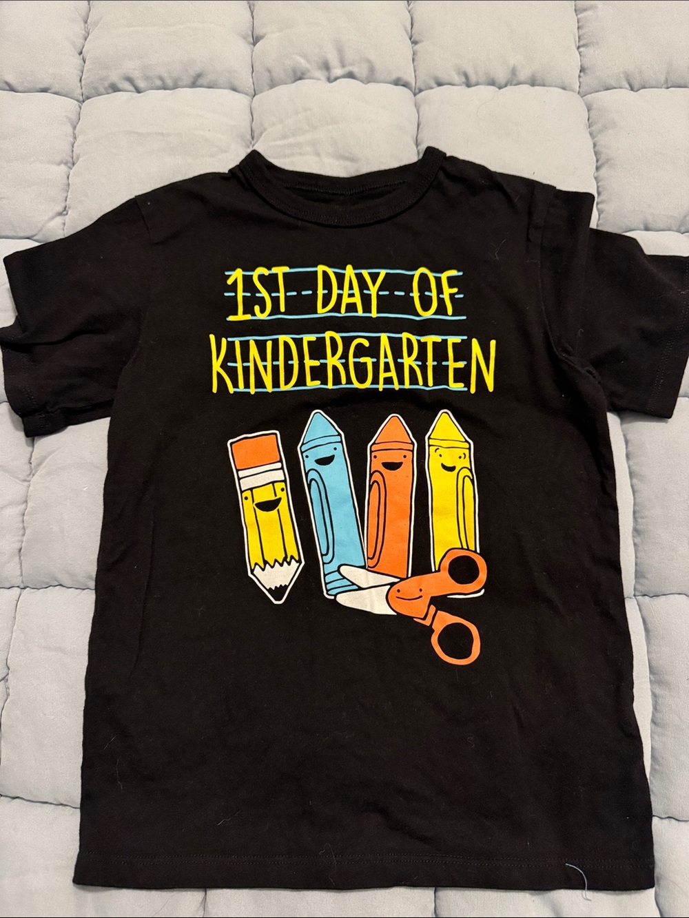 Black "1st Day of Kindergarten" Kids Tee with Colorful Crayons